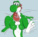  2017 animal_genitalia animal_penis anthro anus balls belly blue_eyes blush cum cum_on_face dinosaur drooling green_skin male mario_bros nintendo nude open_mouth penis saliva scalie simple_background sitting smile solo spread_legs spreading tongue tongue_out video_games yoshi zoap 