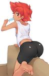  ass barefoot bike_shorts blush_stickers breasts brown_eyes cameltoe commentary_request cowboy_bebop dark_skin debutya_aki edward_wong_hau_pepelu_tivrusky_iv feet food food_in_mouth highres looking_at_viewer popsicle red_hair short_hair sideboob small_breasts soles solo sweat 