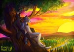  anthro canine duo fuzzymaro hug mammal romantic_couple sky sun sunset tree wolf 