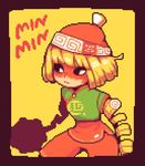  arms_(game) bangs beanie bike_shorts blonde_hair chinese_clothes facepaint food green_eyes hat legwear_under_shorts looking_at_viewer mask min_min_(arms) noodles pixel_art short_hair shorts solo 