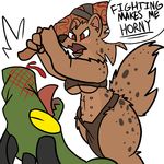  2017 angry anthro aroused blood blush breasts clothed clothing club_(disambiguation) duo female gnoll hyena mammal multi_nipple nipples scalie simple_background tongue trout_(artist) violence weapon 