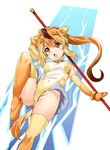  animal_ears arm_up bangs bare_shoulders blonde_hair blush bracelet breasts brown_eyes brown_hair cameltoe circlet commentary_request covered_navel elbow_gloves extra_ears eyebrows_visible_through_hair gloves golden_snub-nosed_monkey_(kemono_friends) gradient_legwear groin hair_between_eyes high_ponytail highleg highleg_leotard holding holding_weapon jewelry kemono_friends leg_up leotard long_hair looking_away medium_breasts monkey_ears monkey_tail multicolored multicolored_clothes multicolored_gloves multicolored_hair multicolored_legwear open_mouth orange_gloves orange_hair orange_legwear pleated_skirt ponytail shinozuka_atsuto skirt smile solo staff tail tareme thighhighs two-tone_legwear weapon white_skirt yellow_gloves yellow_legwear yellow_leotard 