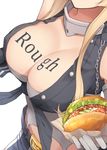  belt body_writing breasts buckle chain cleavage enosan food gloves grey_gloves hamburger head_out_of_frame highres iowa_(kantai_collection) kantai_collection large_breasts light_brown_hair long_hair miniskirt shirt sidelocks simple_background skirt solo sparkle tied_shirt white_background wrist_cuffs 