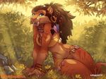  2017 5_fingers anthro blue_eyes breasts brown_hair clothing day detailed_background ear_piercing feline female grass hair loincloth mammal midriff navel outside piercing pink_nose saber-toothed_cat smile wide_hips zummeng 
