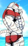  2017 anthro bearlovestiger13 biceps big_muscles feline fur grimoire_of_zero male mammal mercenary_(character) muscular nipples pecs stripes tiger white_fur white_tiger 