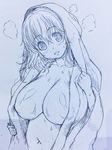  breasts cleavage eyebrows_visible_through_hair hair_down highres huge_breasts navel nitroplus nude open_mouth plump shiny shiny_skin sketch solo steam super_pochaco towel traditional_media tsuji_santa wet 