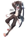  4_toes anthro barefoot black_hair black_nose canine digitigrade dog hair hands_behind_head holding_object holding_weapon male mammal melee_weapon navel rikitoka simple_background solo sword toes weapon white_background 