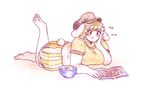  1girl animal_ears barefoot blush bowl breasts bunny_ears bunny_tail cabbie_hat dango eating fat fat_folds floppy_ears food hat large_breasts lying magazine mg_mg on_stomach orz_(kagewaka) plump reading ringo_(touhou) shirt shorts soles solo tail thick_eyebrows touhou wagashi 