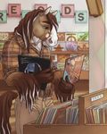  2016 anthro brown_eyes brown_fur brown_hair chewycuticle clothed clothing daft_punk equine fur glenn_miller hair highlights horse mammal record_store solo white_highlights 