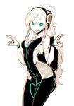  bodysuit breasts cleavage hair_ornament headphones ken_(koala) long_hair looking_at_viewer medium_breasts neon_trim open_mouth original ponytail simple_background skin_tight smile solo white_background wristband 