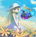  1girl blonde_hair blue_sky braid cloud cosmog creatures_(company) day dress field flower flower_field game_freak gen_7_pokemon green_eyes hands_on_lap hat highres lillie_(pokemon) long_hair nintendo outdoors parted_lips peppedayo_ne petals pokemon pokemon_(creature) pokemon_(game) pokemon_sm sitting sky sleeveless sleeveless_dress sun_hat twin_braids white_dress white_hat wreath 