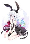  animal_ears arm_garter bangs bare_legs bare_shoulders between_legs black_dress black_footwear black_gloves blue_eyes blush boots bracelet bunny_ears byulzzimon closed_mouth collar contest_winner dress eyebrows_visible_through_hair fate/grand_order fate_(series) floral_background gloves hair_between_eyes hand_between_legs highres jewelry mary_read_(fate/grand_order) pixiv_fate/grand_order_contest_1 scar sidelocks silver_hair sitting skull_and_crossbones solo wavy_hair white_hair 