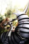  animal_ears armor armored_boots armored_dress black_gloves blonde_hair boots braid breastplate ccd commentary day faulds fingerless_gloves forest gloves grey_eyes highres holding holding_weapon horn_lance kemono_friends lance long_hair longhorn_lance metal_boots nature open_mouth outdoors pauldrons plains_zebra_(kemono_friends) polearm reins rhinoceros_ears riding savanna_striped_giant_slug_(kemono_friends) slug solo weapon white_rhinoceros_(kemono_friends) 