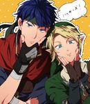  azkn blonde_hair blue_eyes blue_hair fingerless_gloves fire_emblem fire_emblem:_souen_no_kiseki gloves hat headband ike link looking_at_viewer male_focus multiple_boys pointy_ears short_hair smile super_smash_bros. the_legend_of_zelda the_legend_of_zelda:_twilight_princess translated 