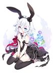  animal_ears arm_garter bangs bare_shoulders between_legs black_dress black_footwear black_gloves black_legwear blue_eyes boots bracelet bunny_ears byulzzimon closed_mouth collar commentary_request contest_winner dress eyebrows_visible_through_hair fate/grand_order fate_(series) floral_background gloves hair_between_eyes hand_between_legs highres jewelry mary_read_(fate/grand_order) pixiv_fate/grand_order_contest_1 scar sidelocks silver_hair sitting skull_and_crossbones solo thighhighs wavy_hair white_hair 