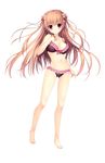  bangs bare_shoulders barefoot bikini braid breasts brown_hair eyebrows_visible_through_hair frills full_body hair_ornament hairclip hand_on_own_chest haruoto_alice_gram highres large_breasts long_hair looking_at_viewer nanao_naru navel official_art red_eyes shirahane_yuuri smile solo swimsuit transparent_background 