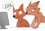  anthro canine clothed clothing computer dialogue disney duo english_text female fox fur half-closed_eyes male mammal monitor mother mother_and_son mrs_wilde necktie nick_wilde parent restricted_palette shoutingisfun simple_background son speech_bubble teeth text white_background zootopia 