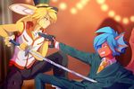  anthro blonde_hair blue_hair blurred_background clothed clothing detailed_background dragon duo fur gun hair holding_object holding_weapon imminent_death lagomorph male mammal melee_weapon pink_nose rabbit ranged_weapon rikitoka sword teeth weapon yellow_fur 