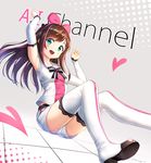  a.i._channel armpits blush boots breasts brown_hair copyright_name detached_sleeves drogoth from_below green_eyes hair_ribbon highres kizuna_ai long_hair looking_at_viewer multicolored_hair pink_hair pink_ribbon ribbon shorts small_breasts smile solo thigh_boots thighhighs virtual_youtuber white_footwear white_legwear 