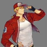  baseball_cap blonde_hair blue_eyes fatal_fury fingerless_gloves gloves grey_background hand_on_hip hat jacket long_hair male_focus open_clothes open_jacket pectorals ponytail red_jacket solo tank_top terry_bogard the_king_of_fighters yuri_(anachronic) 