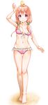  arm_up bangs bare_legs barefoot bikini blush braid chick_on_head closed_mouth collarbone frilled_bikini frills front-tie_bikini front-tie_top full_body highres hinako_note long_hair looking_at_viewer low_twintails na53 navel orange_hair pink_bikini purple_eyes sakuragi_hinako side_braid simple_background smile solo standing swimsuit thighs twintails white_background 