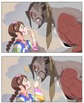  1boy 1girl 2koma :t alternate_costume alternate_hairstyle baozi braid comic commentary_request d.va_(overwatch) dark_persona demon_hanzo eating food food_in_mouth from_side hanzo_(overwatch) height_difference jocheong korean_clothes muscle no_pupils overwatch palanquin_d.va silent_comic single_braid tattoo whisker_markings 