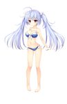  bangs bare_shoulders barefoot bikini blue_hair breasts brown_eyes cleavage collarbone eyebrows_visible_through_hair fujino_yuki full_body hair_ornament haruoto_alice_gram highres long_hair medium_breasts nanao_naru navel official_art solo swimsuit transparent_background twintails 