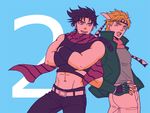  abs adonis_belt battle_tendency blonde_hair caesar_anthonio_zeppeli crop_top crossed_arms facial_mark fingerless_gloves gloves groin hands_on_hips headband jacket jojo_no_kimyou_na_bouken joseph_joestar_(young) male_focus midriff multiple_boys muscle navel open_mouth purple_hair scarf sleeveless smile striped striped_scarf tsumita winged_hair_ornament 