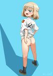  alternate_costume ass blonde_hair blue_eyes commentary_request emblem fang fundoshi girls_und_panzer highres japanese_clothes katyusha looking_at_viewer looking_back open_mouth pravda_(emblem) sekai_saisoku_no_panda short_hair simple_background solo 