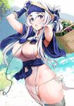  anchor armpit_peek armpits arms_up basket blue_eyes breasts chain commentary covered_navel dutch_angle eyebrows_visible_through_hair folded_ponytail food fruit glint hair_between_eyes headband highres impossible_clothes japanese_clothes kamoi_(kantai_collection) kantai_collection large_breasts looking_at_viewer nylon obi open_mouth outdoors panties pelvic_curtain sash see-through side-tie_panties sidelocks silver_hair solo string_panties thick_eyebrows thighhighs underwear water_drop watermelon wet wet_clothes white_panties 