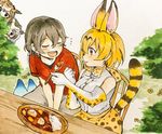  animal_ears black_hair curry eurasian_eagle_owl_(kemono_friends) feeding food hair_between_eyes headwear_removed highres kaban_(kemono_friends) kemono_friends lucky_beast_(kemono_friends) multiple_girls northern_white-faced_owl_(kemono_friends) red_shirt serval_(kemono_friends) serval_ears serval_print serval_tail shirokuma_(reirako-reirako) shirt short_hair spoon striped_tail tail wavy_hair 