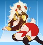  2017 anthro anthrofied areola avante92 breasts clothed clothing female hair hair_over_eye hi_res jacket legwear long_hair looking_at_viewer lycanroc midnight_lycanroc nintendo nipples pok&eacute;mon pok&eacute;morph pussy solo video_games white_hair 