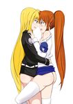  2girls ass blonde_hair blush brown_hair couple fate_testarossa looking_at_another lyrical_nanoha mahou_shoujo_lyrical_nanoha mahou_shoujo_lyrical_nanoha_strikers multiple_girls simple_background stocking takamachi_nanoha yuri 