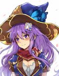  blush breasts cleavage four_goddesses_online:_cyber_dimension_neptune hair_ornament hat jewelry long_hair medium_breasts nepgear neptune_(series) purple_eyes purple_hair simple_background smile solo upper_body white_background white_crow witch_hat 