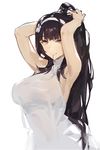  adjusting_hair armpits arms_up black_hair breasts bullpup commentary girls_frontline hairband kishiyo large_breasts long_hair looking_at_viewer qbz-95_(girls_frontline) revision simple_background sleeveless smile solo very_long_hair white_background white_hairband yellow_eyes 
