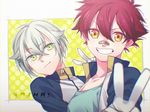  aizen_kunitoshi bandaid bandaid_on_nose gloves green_eyes grey_hair hotarumaru jacket kinoto15 male_focus multiple_boys red_hair touken_ranbu track_jacket v yellow_eyes 