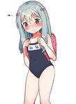 backpack bag bangs blush bow closed_mouth covered_navel cowboy_shot eromanga_sensei eyebrows_visible_through_hair flat_chest green_eyes grey_hair hair_between_eyes hair_bow hands_up ichihaya izumi_sagiri long_hair looking_down name_tag one-piece_swimsuit pink_bow randoseru school_swimsuit shiny shiny_hair silver_hair simple_background solo squiggle sweat swimsuit thighs wavy_mouth white_background 