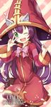  ;d bag blush bow bowtie character_name dress green_eyes hat heart league_of_legends long_hair long_sleeves looking_at_viewer lulu_(league_of_legends) one_eye_closed open_mouth pantyhose pink_bow purple_hair smile solo sora_(dkssud6580) striped striped_background v wizard_hat yordle 