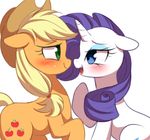  2017 applejack_(mlp) blonde_hair blue_eyes blush cowboy_hat duo earth_pony equine eye_contact eyelashes eyeshadow female feral friendship_is_magic green_eyes hair hat hooves horn horse long_hair makeup mammal momomistress my_little_pony open_mouth open_smile pony purple_hair rarity_(mlp) simple_background smile unicorn white_background 