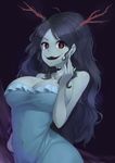  1girl blue_skin breasts character_request cleavage dress earring horns jewelry large_breasts long_hair lubella momodora:_reverie_under_the_moonlight navel smile 