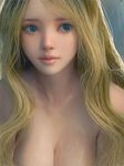  bare_shoulders blonde_hair blush breasts eyebrows highres lips lipstick long_hair looking_away makeup no_bra nose original parted_lips pink_lipstick portrait realistic ryan_tien shiny shiny_skin solo upper_body 