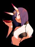  black_background blush breasts cup fate/grand_order fate_(series) hair_ornament highres holding holding_cup horns looking_at_viewer menea oni oni_horns open_mouth purple_eyes purple_hair sakazuki short_hair shuten_douji_(fate/grand_order) small_breasts smile solo 