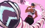  1girl arms_(game) ass bare_shoulders bracelet dansome0203 dark_skin drill_hair earrings from_behind jewelry lips long_hair mask muscle solo twin_drills twintails twintelle_(arms) very_long_hair 