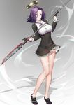  absurdres black_footwear black_gloves breasts dress full_body glaive gloves grin hair_intakes highres holding holding_weapon kantai_collection large_breasts long_sleeves mechanical_halo no_legwear polearm purple_eyes purple_hair school_uniform shoes short_dress short_hair smile solo standing tatsuta_(kantai_collection) weapon yagitome87 