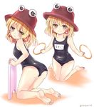  ass barefoot blonde_hair blush feet hat highres hoop kneeling looking_back moriya's_iron_rings moriya_suwako one-piece_swimsuit open_mouth pyonta ramudia_(lamyun) school_swimsuit short_hair smile solo swimsuit touhou yellow_eyes 