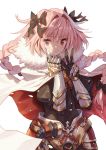  1boy armor astolfo_(fate) bangs black_bow black_ribbon bow braid cape eyebrows_visible_through_hair fang fate/apocrypha fate/grand_order fate_(series) faulds fur_collar gauntlets gloves hair_intakes hair_ribbon hands_up long_braid looking_at_viewer male_focus pink_hair purple_eyes ribbon saitou_masatsugu smile trap twin_braids w 