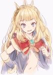  bangs blonde_hair blush bracelet cagliostro_(granblue_fantasy) cape commentary_request crown eyebrows_visible_through_hair granblue_fantasy hairband hand_on_hip jewelry kawata_hisashi long_hair looking_at_viewer navel open_mouth purple_eyes simple_background sketch smile solo white_background 