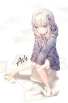  aile_(crossroads) artist_name bangs bare_legs barefoot blue_eyes blush bow closed_mouth commentary eromanga_sensei eyebrows_visible_through_hair full_body hair_bow izumi_sagiri jacket knees_together_feet_apart long_hair long_sleeves looking_at_viewer paper paper_stack pink_bow revision signature silver_hair sitting solo tareme 
