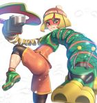  arms_(game) bangs beanie bike_shorts blonde_hair chinese_clothes dragon_(arms) facepaint food gonzarez green_eyes hat highres leggings legwear_under_shorts looking_at_viewer mask min_min_(arms) noodles ramram_(arms) short_hair shorts solo 