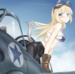  :&lt; a9b_(louis814) absurdres aircraft airplane animal_ears bangs bare_shoulders bikini_top black_legwear blonde_hair blue_eyes blue_sky blush breasts brown_gloves closed_mouth cloud cockpit day eyebrows_visible_through_hair gloves goggles goggles_on_head highres horse_ears horse_girl horse_tail leather leather_gloves long_hair looking_at_viewer looking_to_the_side marian_e_carl medium_breasts noble_witches pale_skin panties panties_under_pantyhose pantyhose print_bikini_top shiny shiny_clothes shiny_hair sky solo star star_print tail underboob underwear white_panties wind world_witches_series zipper zipper_pull_tab 